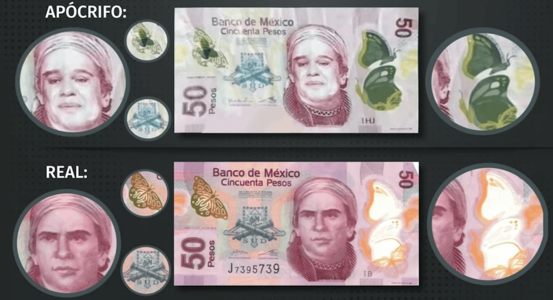 Billete falso de 50 pesos y billete legal